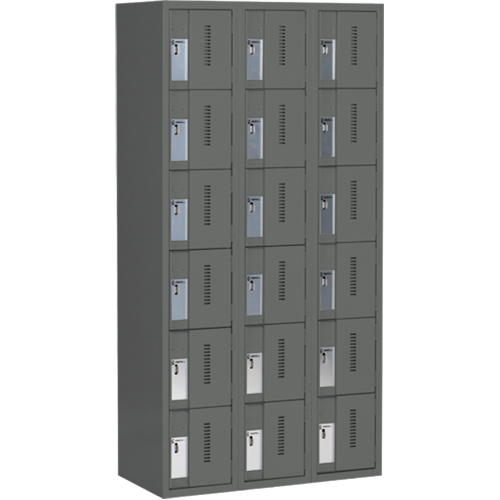 Concorde Heavy-Duty Lockers, 6 -tier, Bank of 3, 36" x 18" x 72", Steel, Charcoal, Welded (Assembled) R.M.G. Prévention