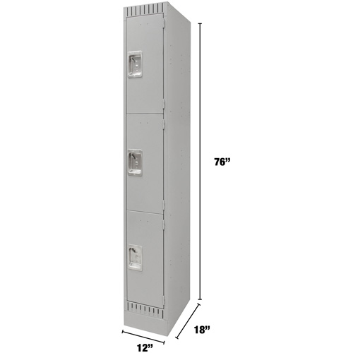 Lockers, 3 -tier, 12" x 18" x 76", Steel, Grey, Knocked Down R.M.G. Prévention
