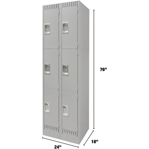 Lockers, 3 -tier, Bank of 2, 24" x 18" x 76", Steel, Grey, Knocked Down R.M.G. Prévention