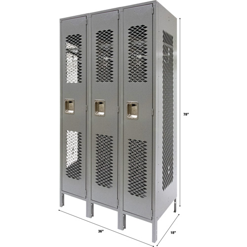 Casiers ventil&eacute;s, Bloc de 3, 36" x 18" x 78", Acier, Gris, D&eacute;mont&eacute;, Perfor&eacute; R.M.G. Prévention