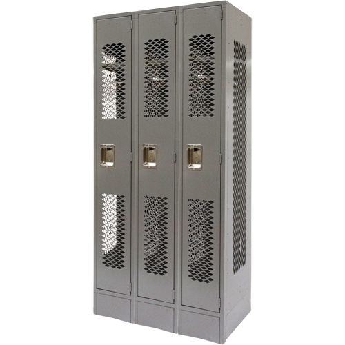 Vented Lockers, Bank of 3, 36 x 18" x 78", Steel, Grey, Knocked Down, Perforated R.M.G. Prévention