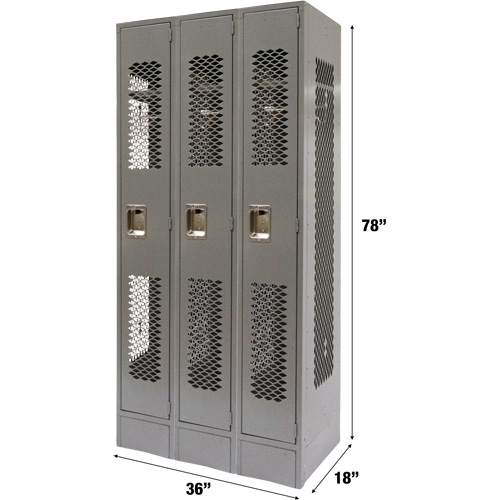 Vented Lockers, Bank of 3, 36 x 18" x 78", Steel, Grey, Knocked Down, Perforated R.M.G. Prévention