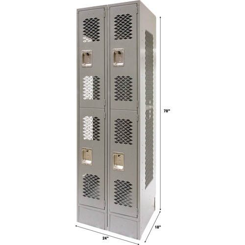Vented Lockers, 2 -tier, Bank of 2, 24" x 18" x 78", Steel, Grey, Knocked Down, Perforated R.M.G. Prévention