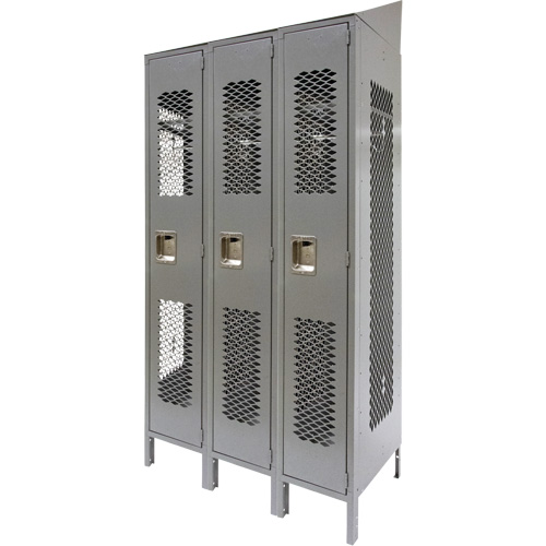 Vented Lockers, Bank of 3, 36" x 18" x 88", Steel, Grey, Knocked Down, Perforated R.M.G. Prévention