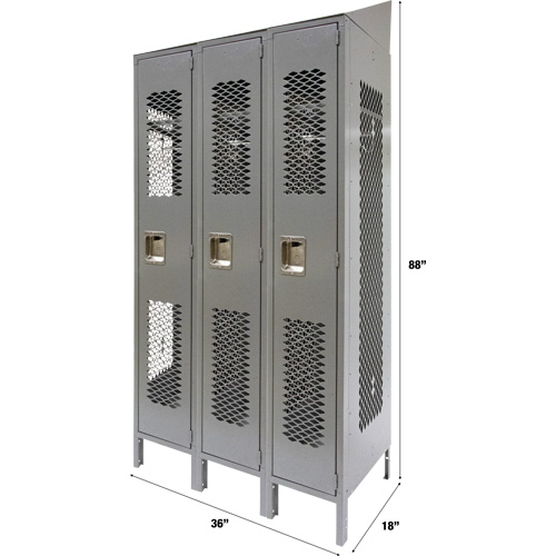 Vented Lockers, Bank of 3, 36" x 18" x 88", Steel, Grey, Knocked Down, Perforated R.M.G. Prévention