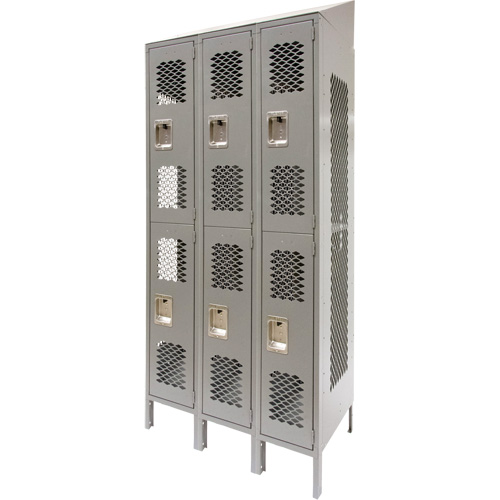 Vented Lockers, 2 -tier, Bank of 3, 36 x 18" x 88", Steel, Grey, Knocked Down, Perforated R.M.G. Prévention