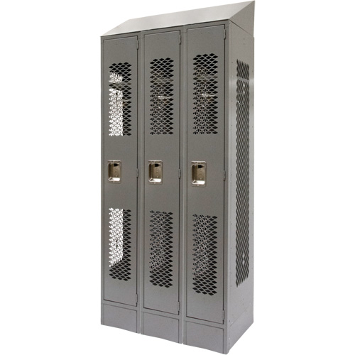 Vented Lockers, Bank of 3, 36 x 18" x 88", Steel, Grey, Knocked Down, Perforated R.M.G. Prévention