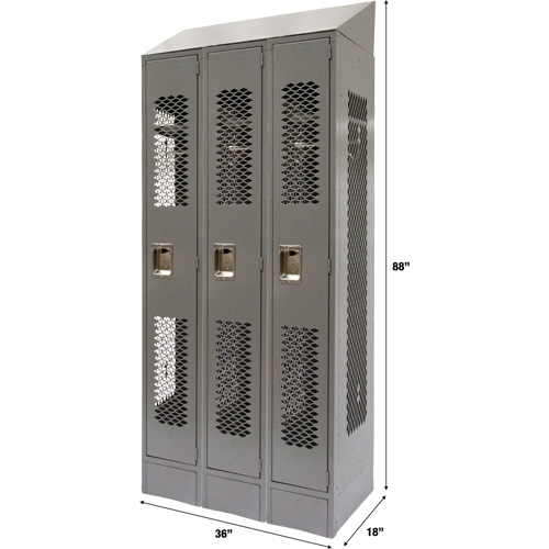 Vented Lockers, Bank of 3, 36 x 18" x 88", Steel, Grey, Knocked Down, Perforated R.M.G. Prévention
