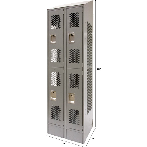 Vented Lockers, 2 -tier, Bank of 2, 24" x 18" x 88", Steel, Grey, Knocked Down, Perforated R.M.G. Prévention