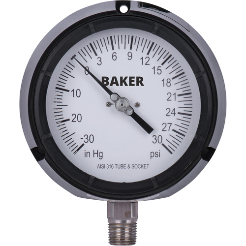 Manom&egrave;tre,  4-1/2", 30"-0-30 psi, Fixation inf&eacute;rieure, Analogique rempli de liquide R.M.G. Prévention