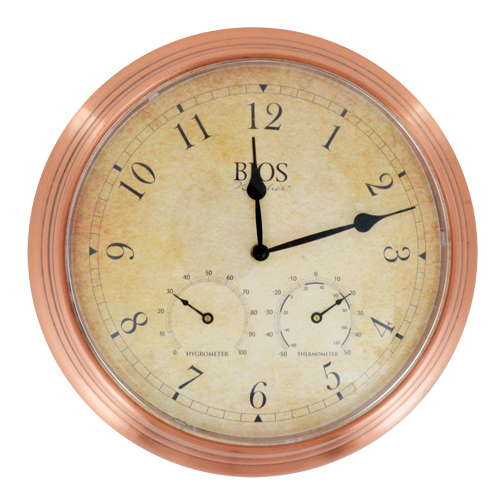 3-in-1 Outdoor Clock, Analog, Battery Operated, 14" Dia., Brown R.M.G. Prévention