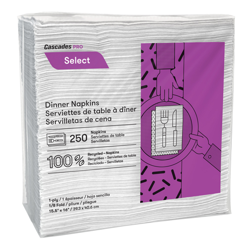 Pro Select 1/8 Fold Dinner Napkins, 1 Ply, 15.5" x 16" R.M.G. Prévention