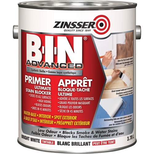 Appr&ecirc;t avanc&eacute; &agrave; base de gomme-laque synth&eacute;tique B-I-N, 3,78 L, Gallon, Blanc brillant teintable R.M.G. Prévention
