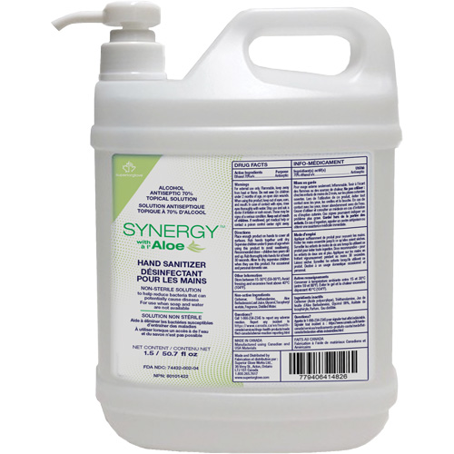 D&eacute;sinfectant pour les mains avec gel d'alo&egrave;s Synergy, 1500 ml, Bouteille &agrave; pompe, 70 % alcool R.M.G. Prévention