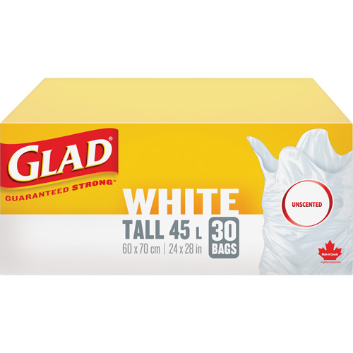 Tall 45L Unscented Garbage Bags, Regular, 24" W x 28" L, White R.M.G. Prévention