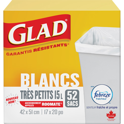 Tr&egrave;s petits sacs &agrave; ordures 15 L avec Febreze, R&eacute;gulier, 17" la x 20" lo, Blanc R.M.G. Prévention