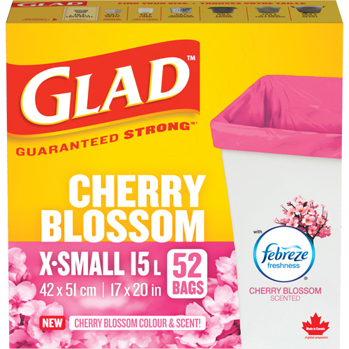 Sacs parfum&eacute;s et de couleur fleur de cerisier de Glad, Fort, 17" la x 20" lo, Rose, Capacit&eacute; 15 L (3,96 gal) R.M.G. Prévention