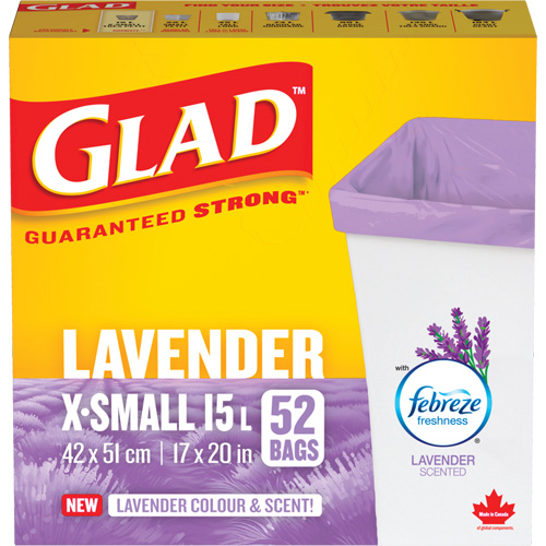 Glad&reg; Lavender Coloured & Scented Bags, Strong, 17" W x 20" L, Purple, 15 L (3.96 Gal.) Capacity R.M.G. Prévention