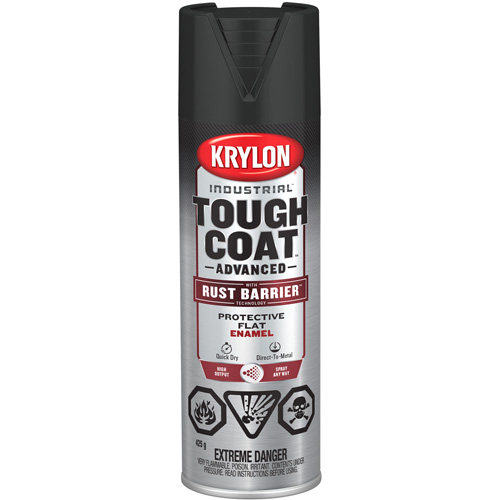 Peinture Tough Coat avec technologie Rust Barrier, Noir, Plat, 425 g, Canette a&eacute;rosol R.M.G. Prévention