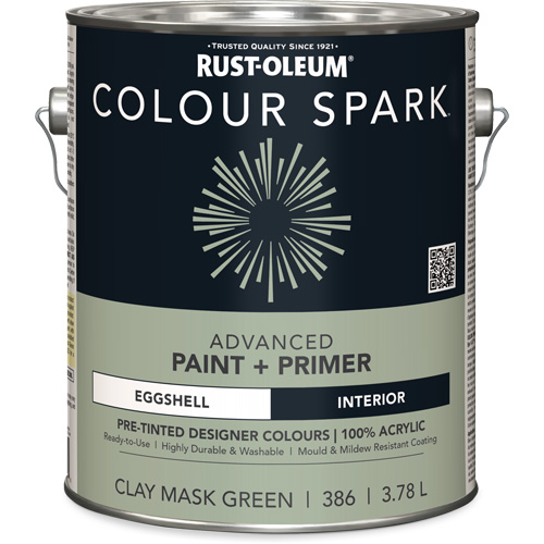 Peinture int&eacute;rieure pr&eacute;teint&eacute;e + appr&ecirc;t mural Colour Spark, Vert masque en argile, Satin&eacute;, 3,78 L, Gallon R.M.G. Prévention