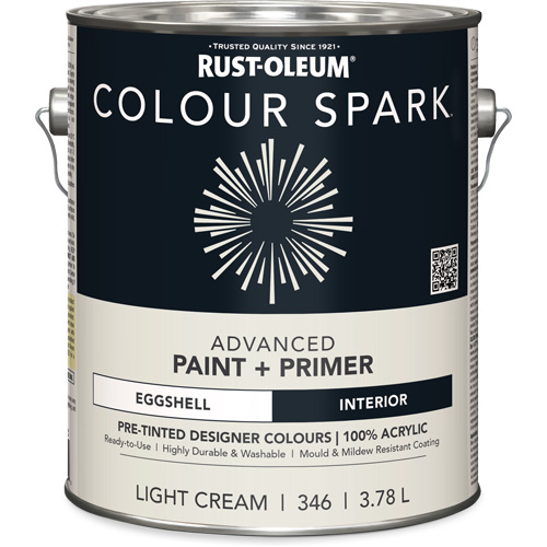 Colour Spark Interior Pre-Tinted Paint + Primer Wall Paint, White Cotton, Semi-Gloss, 3.78 L, Gallon R.M.G. Prévention