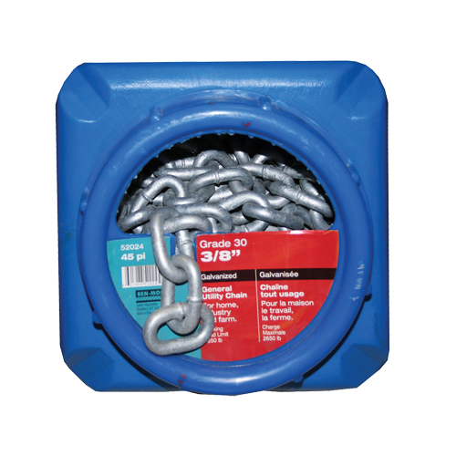 Hot-Dipped Galvanized Chains, Carbon Steel, 3/8" x 45' (13.7 m) L, Grade 30, 2650 lbs. (1.325 tons) Load Capacity R.M.G. Prévention