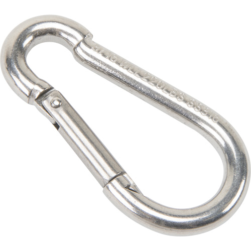 Mousqueton en acier inoxydable, 220 lb (0,11 tonne) Charge d'utilisation max., 3/16" Taille, 5/16" Oeil R.M.G. Prévention