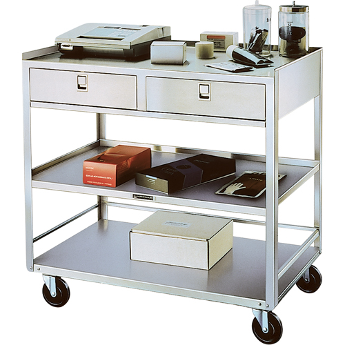 Stainless Steel Equipment Stands, 300 lbs. Capacity, Stainless Steel, 20"/20-1/8" x W, 35" x H, 37"/36-3/8" D, Knocked Down, 2 Drawers R.M.G. Prévention