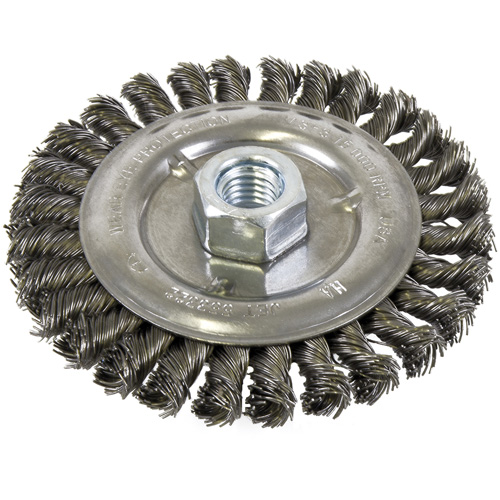 Brosse filet&eacute;e &agrave; fils nou&eacute;s et face standard, Dia. 5", Fils 0,022", Arbre 5/8"-11, Acier R.M.G. Prévention