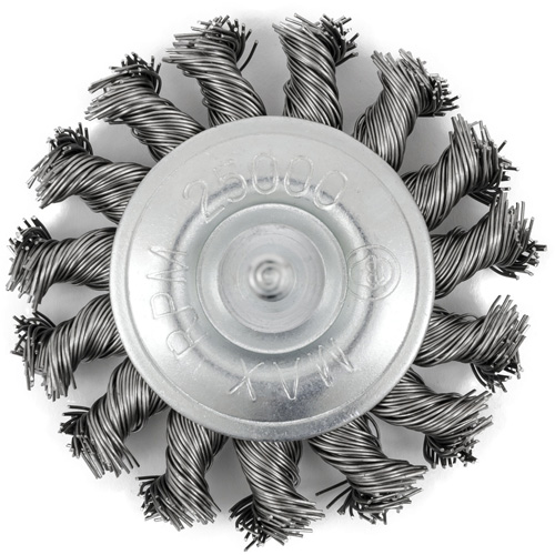 Brosse radiale &agrave; fils nou&eacute;s torsad&eacute;s mont&eacute; sur mandrin, Dia. 3", Fils 0,02", Arbre 1/4", Acier inoxydable R.M.G. Prévention