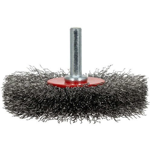 Brosse radiale &agrave; fils cr&ecirc;p&eacute;s mont&eacute; sur mandrin ER300-12, 3", Fils ,012" R.M.G. Prévention