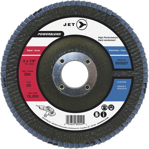 Disque &agrave; lamelles POWERBLEND, 5" x 7/8", Type 29, Grain Z40, Alumine de zirconium R.M.G. Prévention