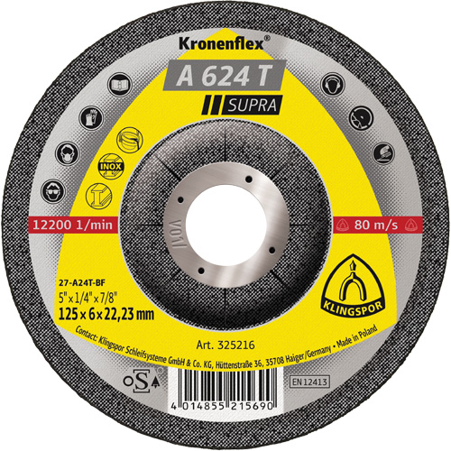 Disque de meulage A 624 T Supra Kronenflex, 5" x 1/4", Arbre 7/8" R.M.G. Prévention