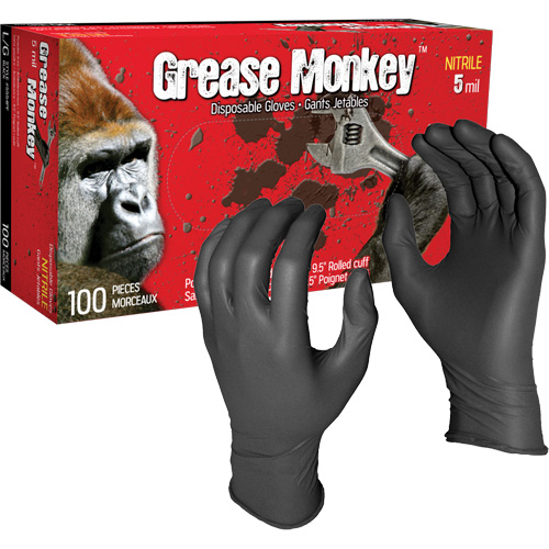 Grease Monkey&reg; Disposable Gloves, Large, Nitrile, 5-mil, Powder-Free, Black R.M.G. Prévention
