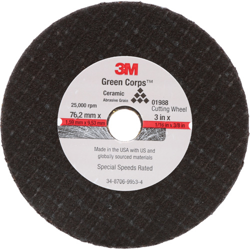 General-Purpose Cut-Off Wheel, 3" x 1/16", 3/8" Arbor, Type 27, Aluminum Oxide, 25000 RPM R.M.G. Prévention