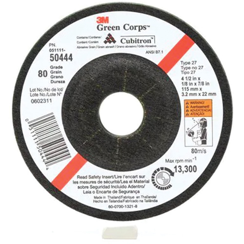 Green Corps Flexible Grinding Wheel, 4-1/2" x 1/8", 7/8" Arbor, Ceramic, Type 27 R.M.G. Prévention
