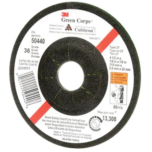 Green Corps Flexible Grinding Wheel, 4-1/2" x 1/8", 7/8" Arbor, Ceramic, Type 27 R.M.G. Prévention