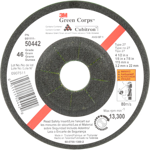Green Corps Flexible Grinding Wheel, 4-1/2" x 1/8", 7/8" Arbor, Ceramic, Type 27 R.M.G. Prévention