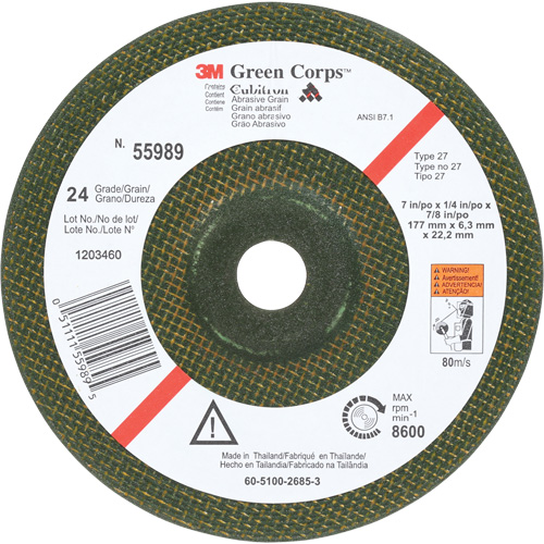Green Corps Flexible Grinding Wheel, 7" x 1/4", 7/8" Arbor, Ceramic, Type 1 R.M.G. Prévention