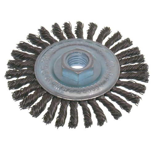 Brosses &eacute;conomiques &agrave; fil nou&eacute;s &agrave; haute vitesse pour cordons de soudure, Dia. 6", Fils 0,02", Arbre 5/8"-11, Acier inoxydable R.M.G. Prévention