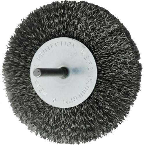Brosses mont&eacute;es &agrave; fils cr&ecirc;p&eacute;s circulaires, 4", Fils 0,008", Tige 1/4" R.M.G. Prévention