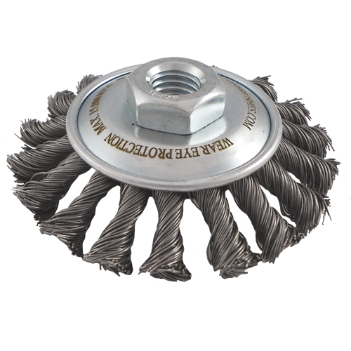 Brosses soucoupes &agrave; fils nou&eacute;s, Dia. 5", Fils 0,02", Arbre 5/8"-11, Acier R.M.G. Prévention