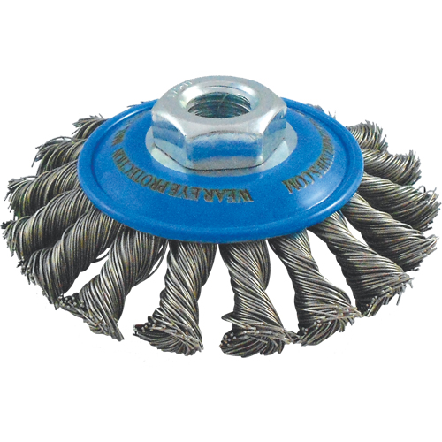 Brosses soucoupes &agrave; fils nou&eacute;s, Dia. 5", Fils 0,02", Arbre 5/8"-11, Acier inoxydable R.M.G. Prévention
