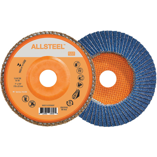 ALLSTEEL Flap Disc, 7" x 7/8", Type 27, 60 Grit, Zirconia Alumina R.M.G. Prévention