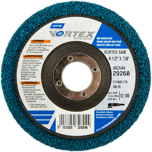 Vortex Non-Woven Disc, 4-1/2" Dia. x 1/2" W, 7/8" Arbor, Aluminum Oxide R.M.G. Prévention