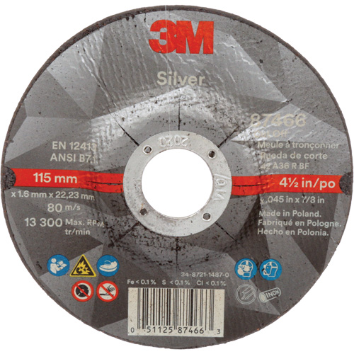 Silver Cut-Off Wheel, 4-1/2" x 0.045", 7/8" Arbor, Type 27, Ceramic, 13300 RPM R.M.G. Prévention