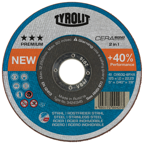 Cerabond Cutting Disc, 5" x 0.045", 7/8" Arbor, Type 1, Ceramic, 12250 RPM R.M.G. Prévention