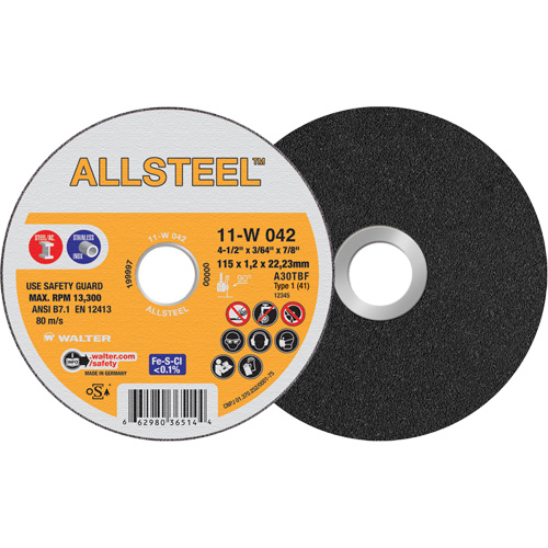 Meule &agrave; tronçonner AllSteel, 4-1/2" x 3/64", Arbre de 7/8", Type 1, Oxyde d'aluminium, 13 300 Tr/min R.M.G. Prévention