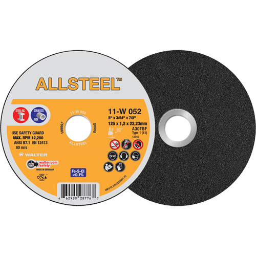 AllSteel Cut-Off Wheel, 5" x 3/64", 7/8" Arbor, Type 1, Aluminum Oxide, 12250 RPM R.M.G. Prévention