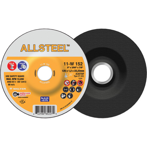 AllSteel Cut-Off Wheel, 5" x 3/64", 7/8" Arbor, Type 27, Aluminum Oxide, 12250 RPM R.M.G. Prévention